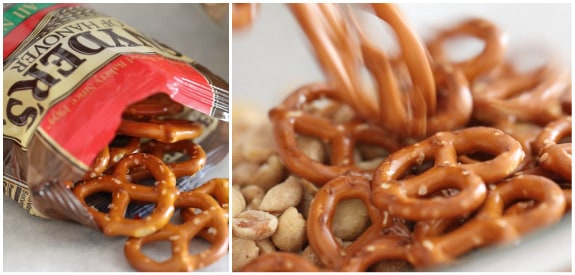 Photo collage of mini pretzels being added into snack mix with roasted peanuts.