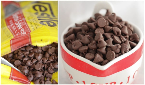 Photo collage of chocolate chips in a bag and in a mug.