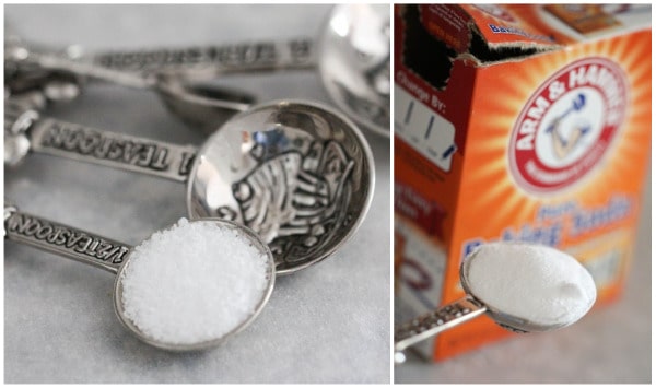 Side by side images of salt and baking soda in a measuring spoon.