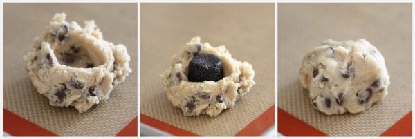 Photo collage showing how to stuff the Oreo truffle inside the chocolate chip cookie