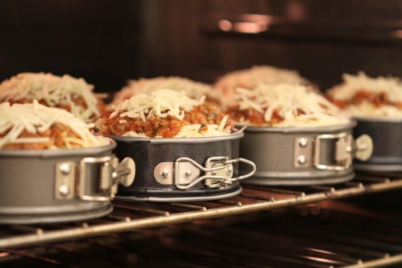 Jenny's Spaghetti Pies on a Rack in the Oven