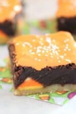 Shortbread Candy Corn Kissed brownie on a napkin.