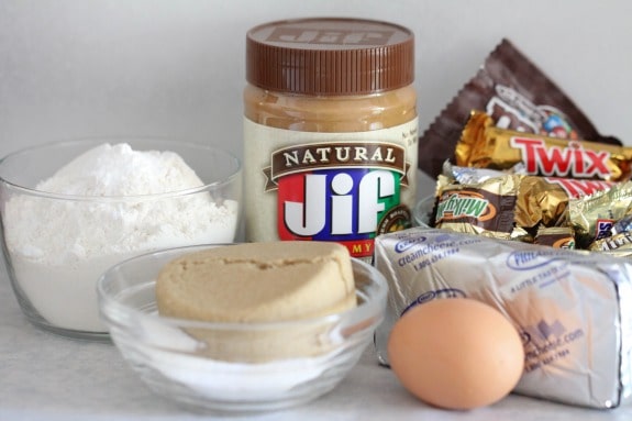 The ingredients for cream cheese peanut butter cookie bars.