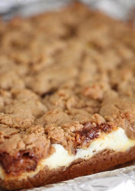 Close up of baked peanut butter cookie bars with a cream cheese layer.