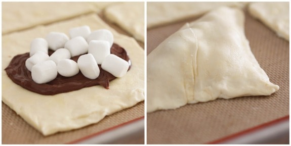 Photo collage of folding marshmallows and Nutella into pastry.