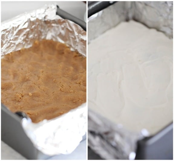 Side by side images of the peanut butter cookie dough and cream cheese layers in a baking pan.