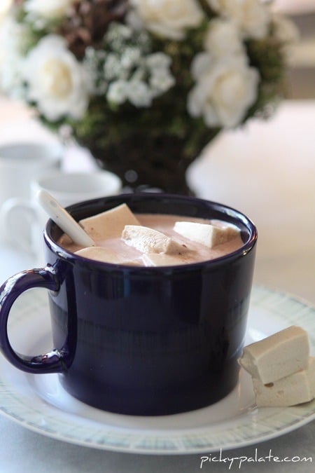 A mug of homemade hot chocolate topped with homemade maple marshmallows.