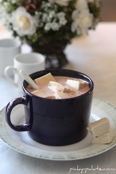 A mug of homemade hot chocolate topped with homemade maple marshmallows.