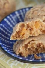 Butterscotch peanut butter cookies stacked on a blue plate.