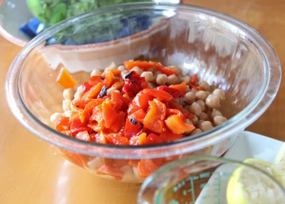 Chopped sweet peppers in a glass bowl.