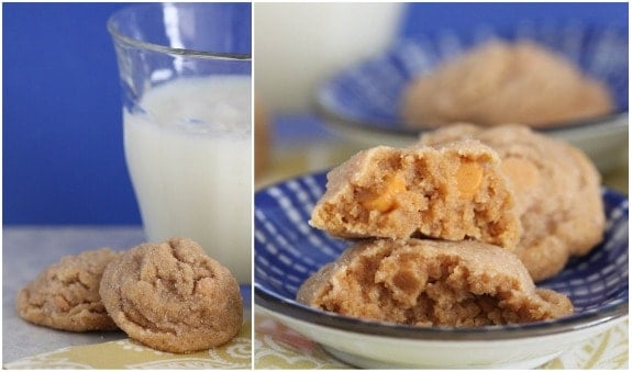 Side by side images of peanut butter cookies next to a glass of milk, and stacked on a blue plate.