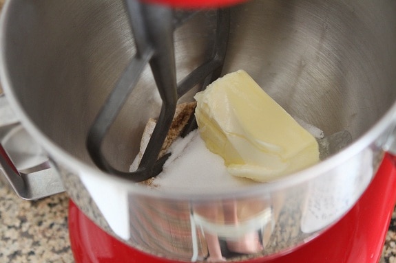Butter and sugar creamed together in a metal stand mixer.