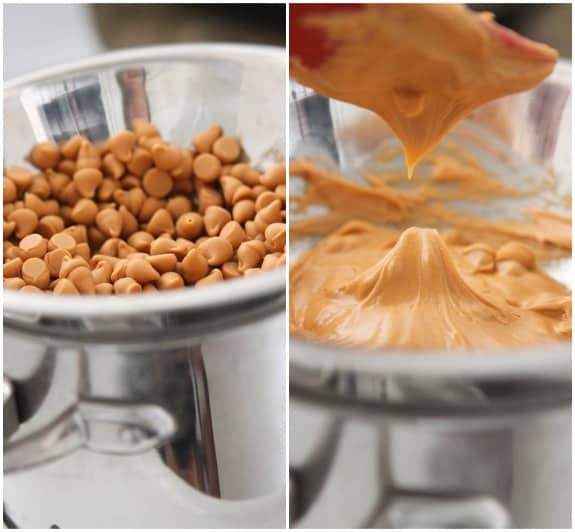 Side by side images of butterscotch chips melted in a double boiler.