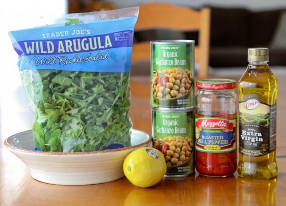 The ingredients for chickpea and sweet pepper arugula salad.