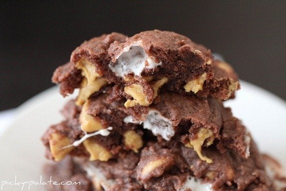 A Stack of Chocolate, Peanut Butter & Marshmallow Pudding Cookies