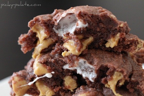 Close-up of a Stack of Chocolate, Peanut Butter & Marshmallow Pudding Cookies