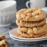 Double White Chocolate Peanut Butter Pretzel Cookies stacked on a plate