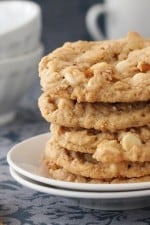 Double White Chocolate Peanut Butter Pretzel Cookies stacked on a plate