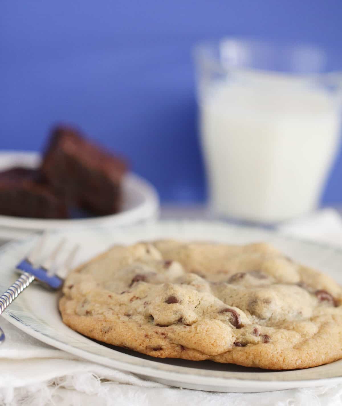 brownie stuffed chocolate chip cookie on serving plate
