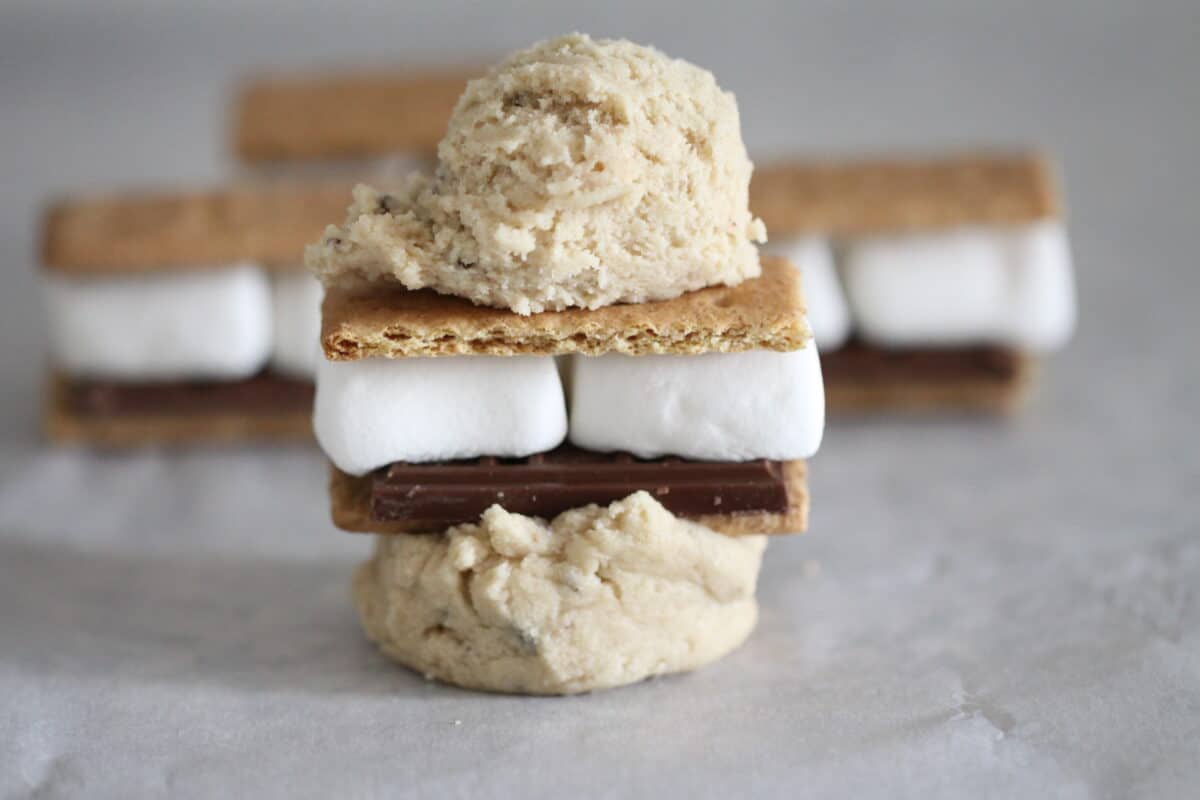 cookie dough on top of s'mores ingredients