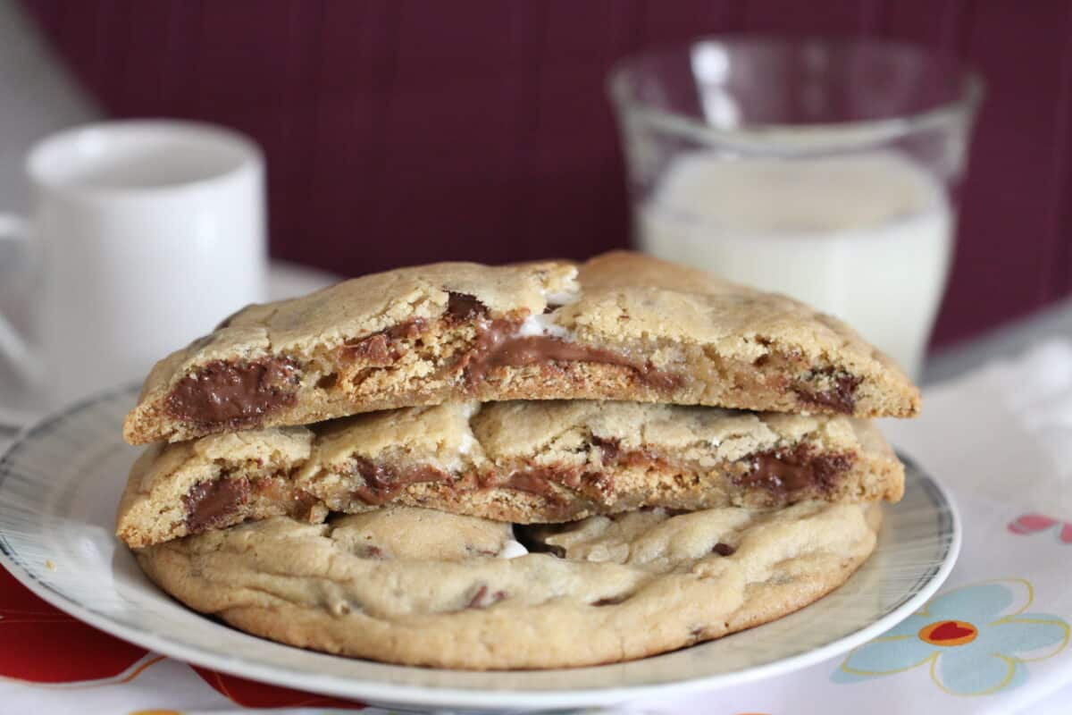 s'mores stuffed cookie cut in half