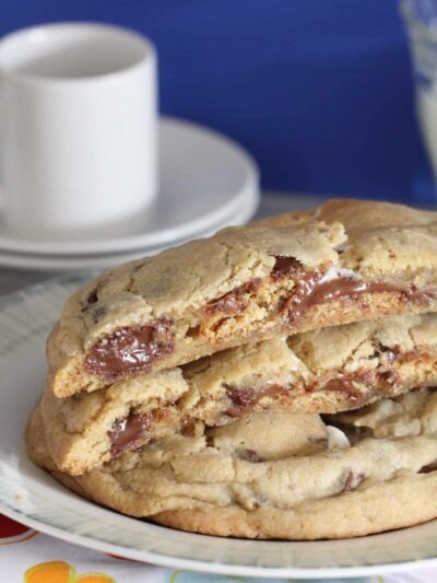 s'mores stuffed chocolate chip cookies on serving plate
