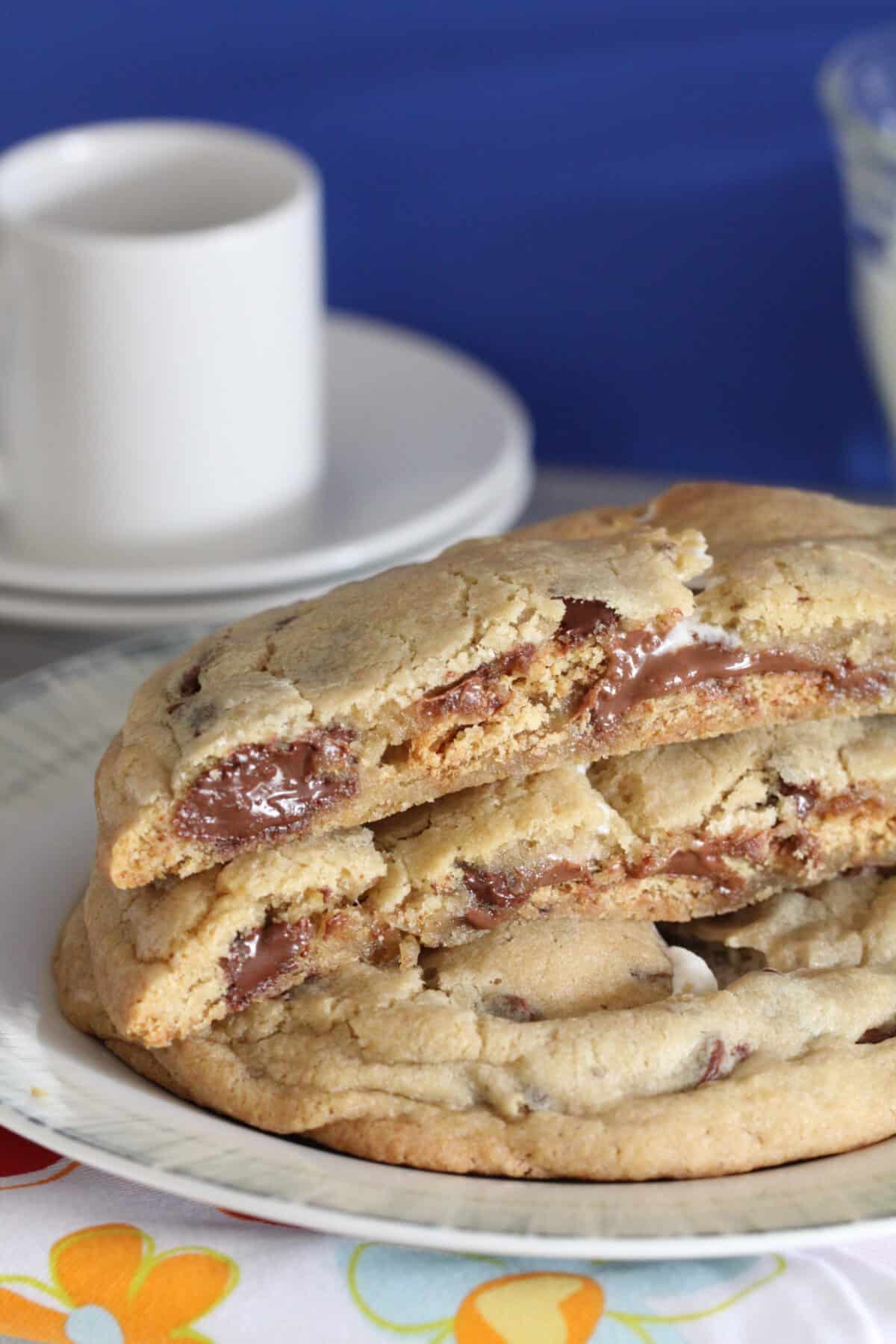 s'mores stuffed chocolate chip cookies on serving plate