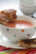 Two Grilled Cheese Kabobs with a Bowl of Tomato Soup