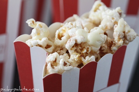 Snickerdoodle Popcorn with White Chocolate Drizzle in a Popcorn Bag