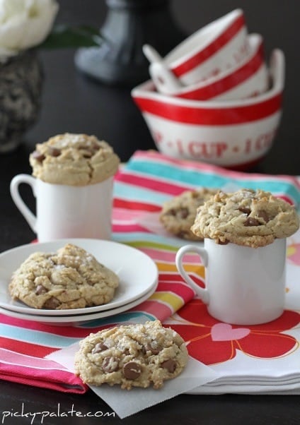 Salted Brown Butter Chocolate Chip Cookies on a Plate, On Top of Two Mugs & on a Napkin