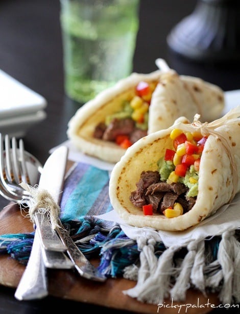 Two Beef Tacos with Guacamole and Corn