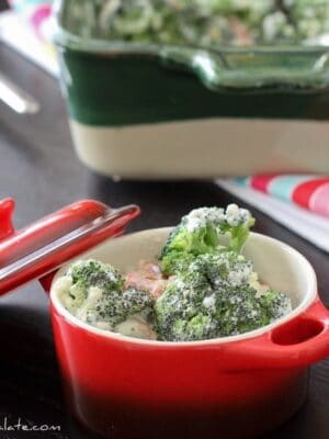 Creamy Bacon and Roasted Red Pepper Broccoli Bake in a Red Dish