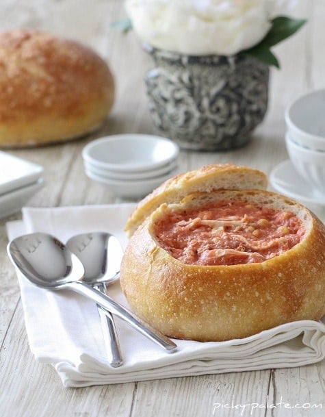 Creamy Tomato Soup with Corn, Chicken and Bacon in a Bread Bowl
