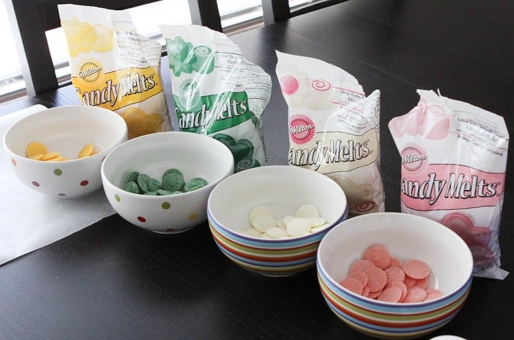 wilton colored candy melts in bowls for peanut butter eggs