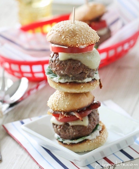 Image of Two Bacon and Ranch Cajun Baby Cheeseburgers, Stacked