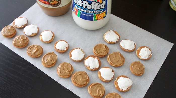 Fluff and Peanut Butter Spread onto Wafers