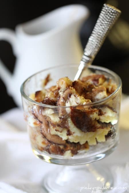 Image of a Serving of Cheesecake Cookie Bread Pudding with Caramel Sauce