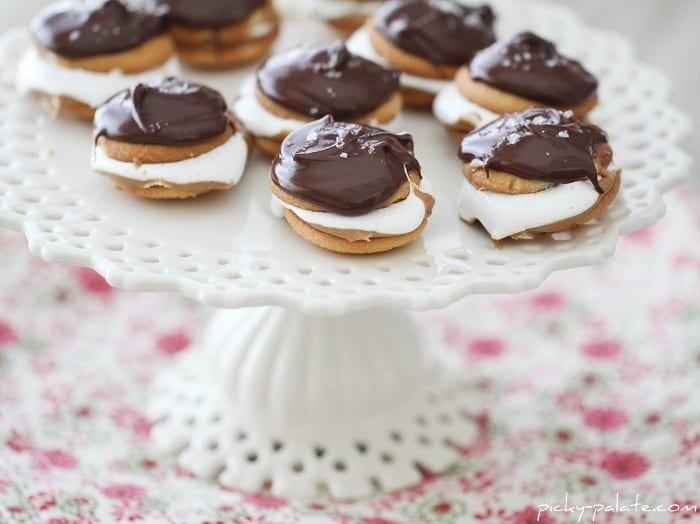 Salted Chocolate Covered Fluffer Nutter Wafers on a White Cake Stand