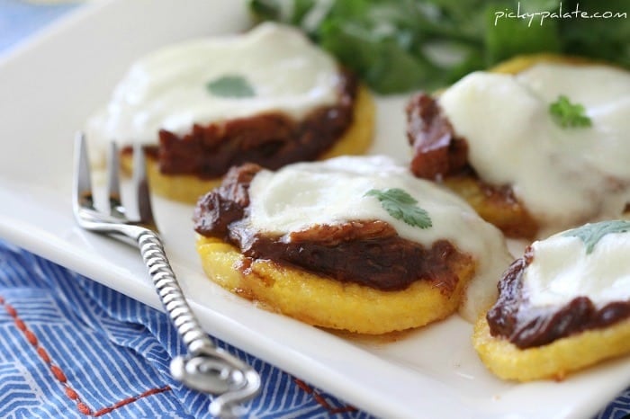 Image of BBQ Chicken Polenta Pizza Cakes on a Plate