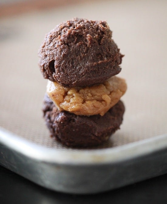 Image of Chocolate Fudge Cookie Dough and Peanut Butter Cookie Dough Sandwiched Together