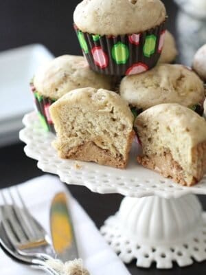 Image of Peanut Butter Truffle Banana Bread Muffins on a Cake Stand