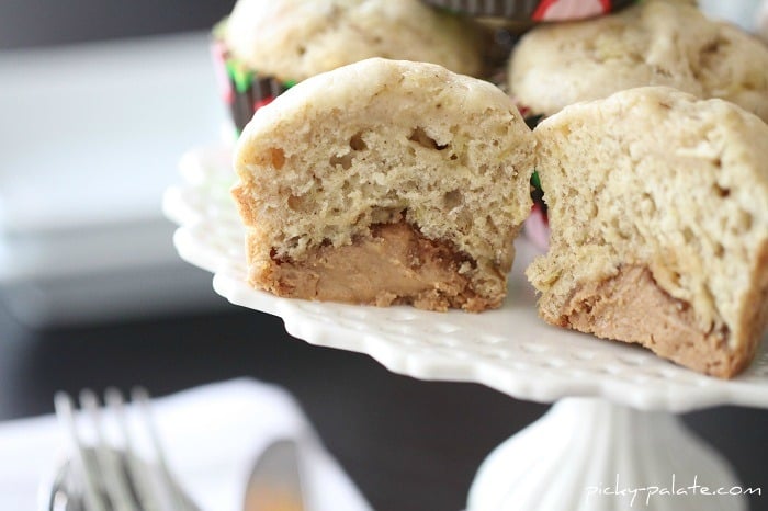 Close-up Image of Peanut Butter Truffle Banana Bread Muffins on a Cake Stand