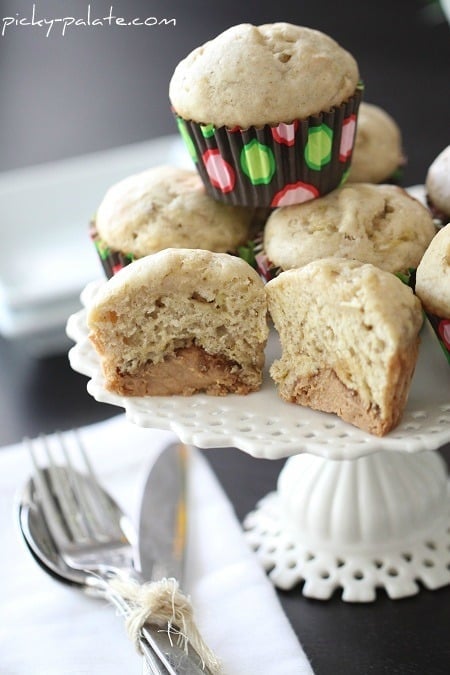 Picture of Peanut Butter Truffle Banana Bread Muffins on a Cake Stand