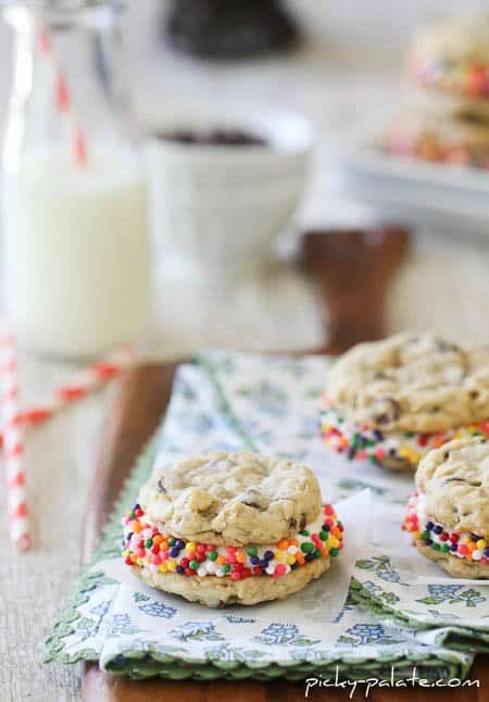 Image of Chocolate Chip Oatmeal Cookie Sandwiches with a Glass of Milk