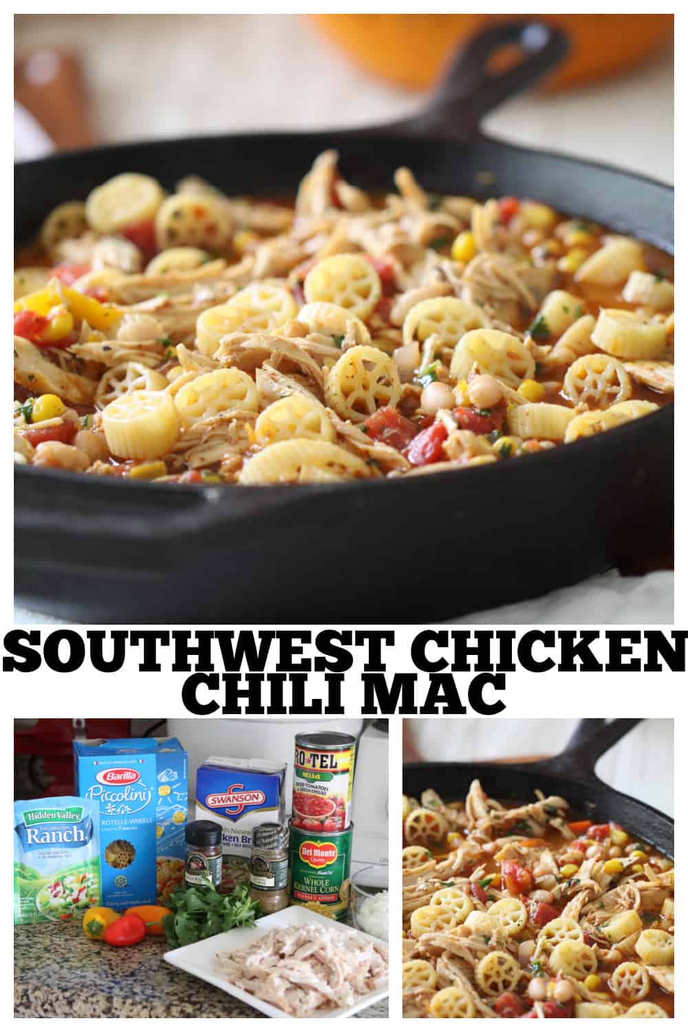 photo collage of chicken chili mac