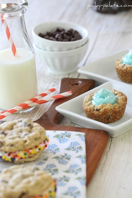 Image of Chocolate Chip Oatmeal Cookie Sandwiches with a Glass of Milk and Frosted Cookie Cups