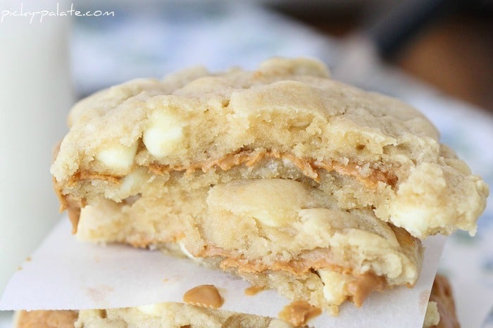 Close-Up Image of Stacked Biscoff White Chocolate Chip Cookies