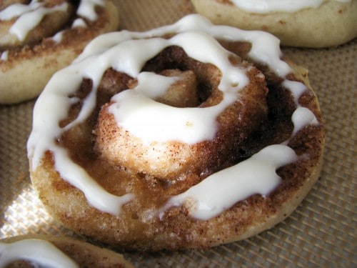 Close up of a cinnamon roll sugar cookie.