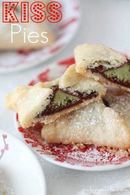 Hershey's Kiss Pies stacked on a red and white plate.