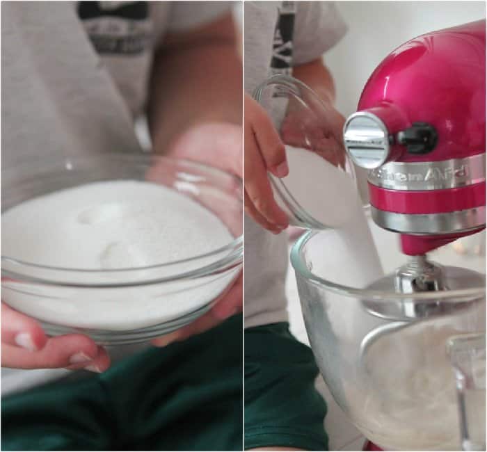 Adding sugar to mixing bowl